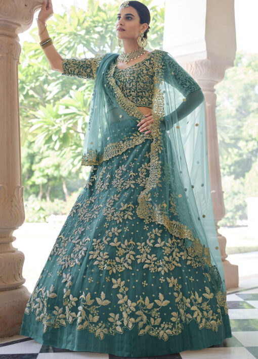 Green Blue Net Sangeet Lehenga Choli