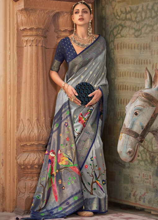Grey Zari Woven Paithani Silk Saree