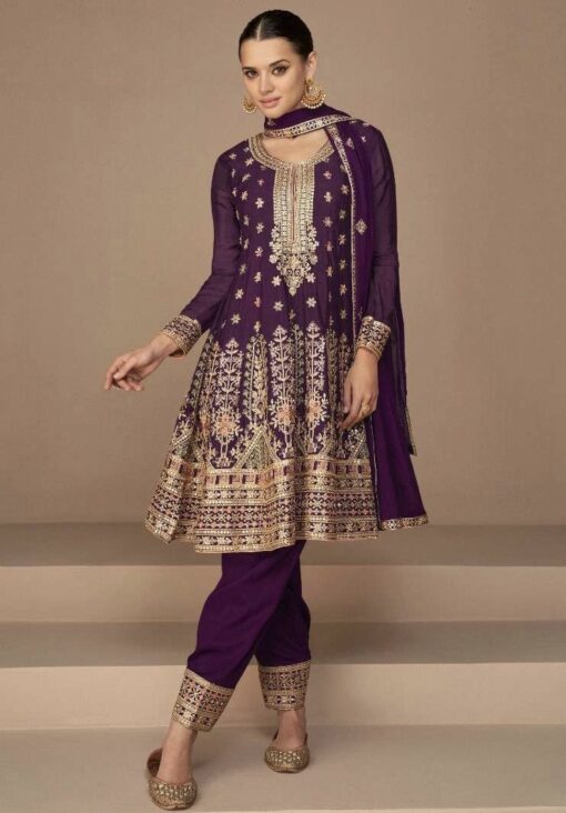Purple Chinon Silk Plazo Suit With Kameez & Dupatta For Indian & Pakistani Wedding Festival - Thread & Sequence Embroidery Work
