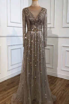 Golden Luxury A-Line Heavy Beaded Evening Dress