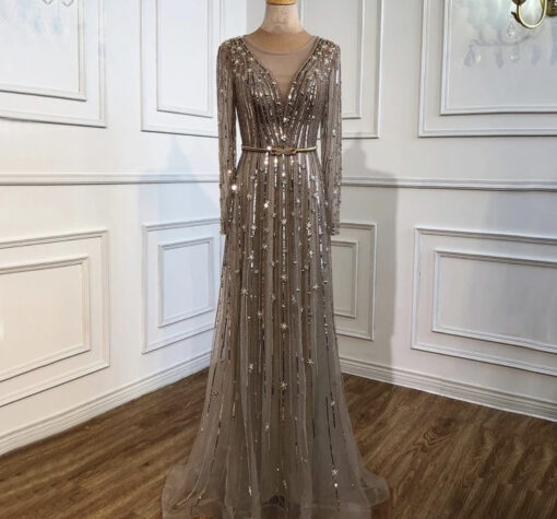 Golden Luxury A-Line Heavy Beaded Evening Dress