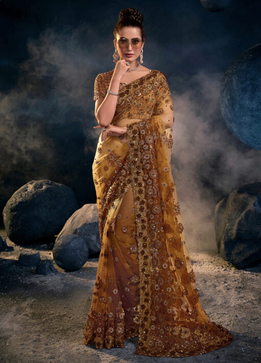Mustard Digital Net Bridal Saree