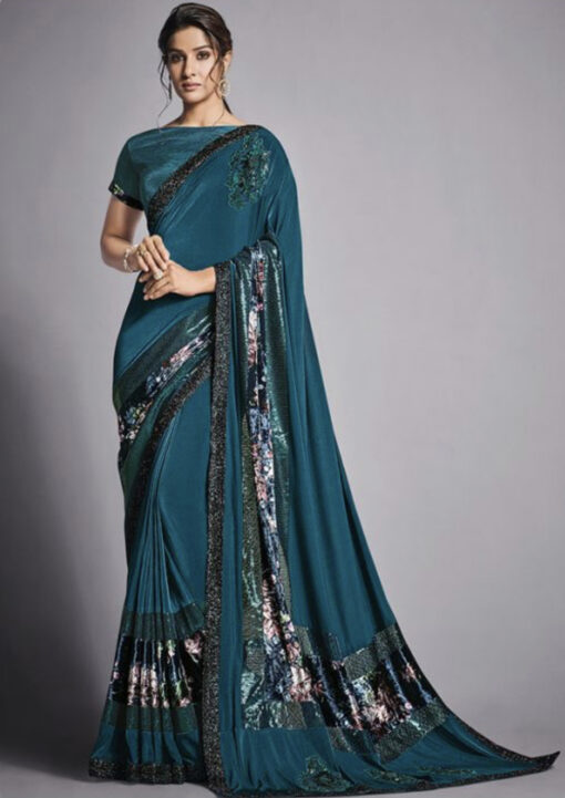 Teal Lycra Party Wear Saree