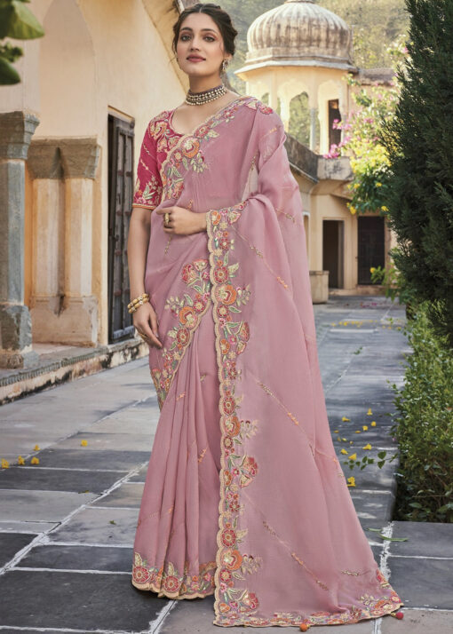Pink Silk Wedding Party Wear Saree