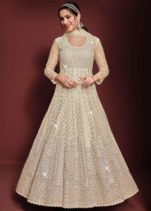 Beige Embroidered Net Anarkali Suit