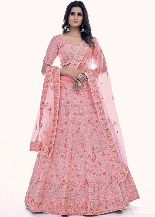 Pink Embroidered Net Bridal Lehenga Choli