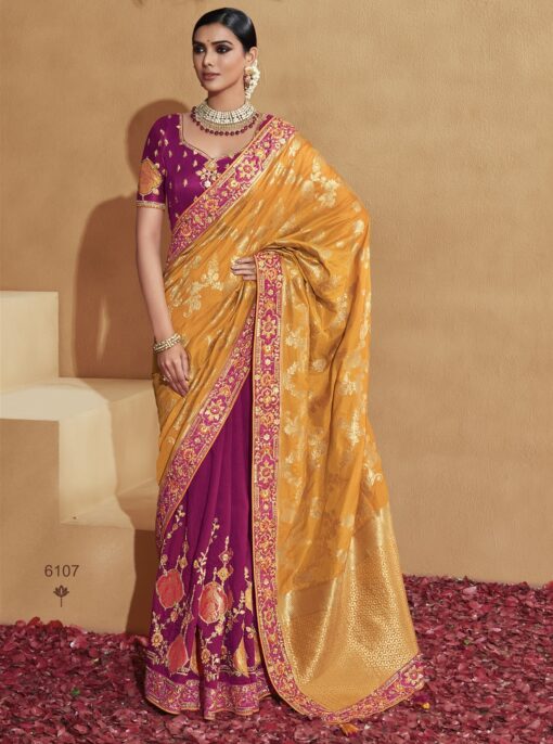 Mustard & Magenta Banarasi Silk Embroidered Wedding Saree
