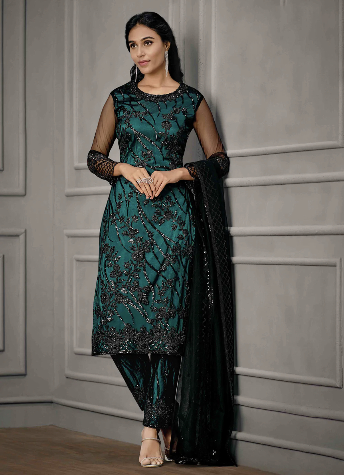 Teal Straight Cut Pant Suit Salwar Kameez Designer Collection