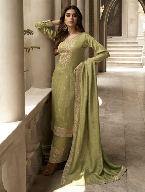 Parrot Green Embroidered Silk Palazzo Pant Suit - Salwar Kameez ...