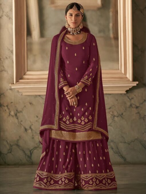 Magenta Embroidered Palazzo Suit
