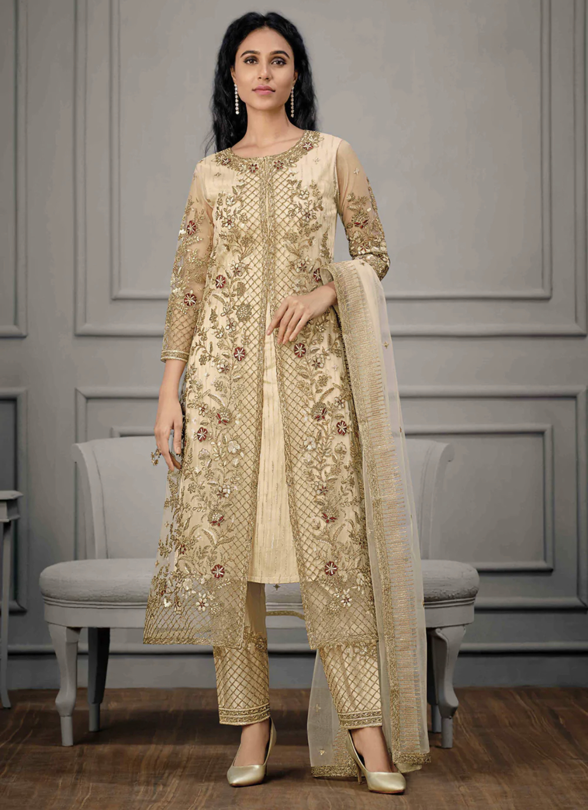 Cream Straight Cut Pant Suit - Salwar Kameez Designer Collection