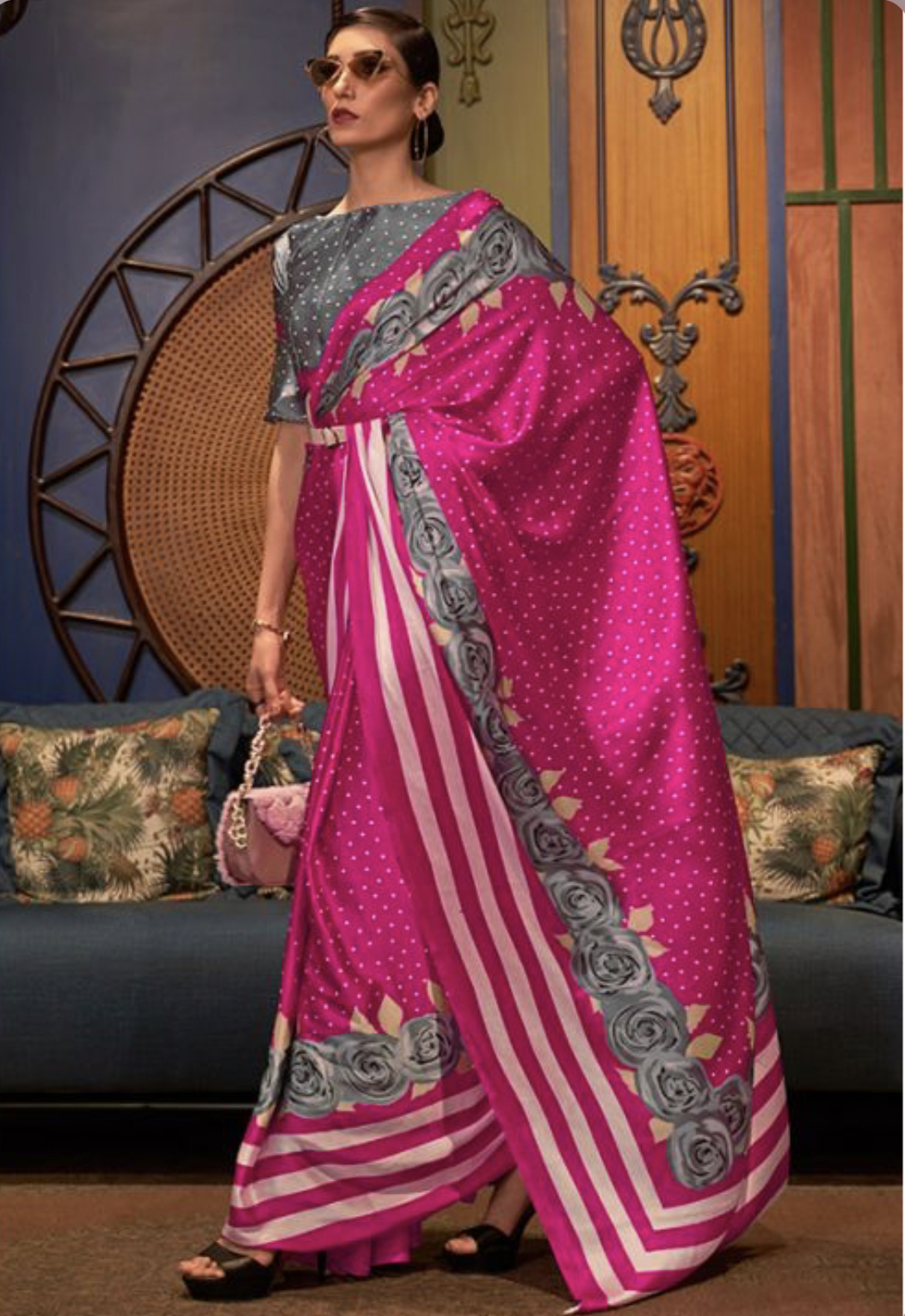 Pink Japan Crepe Silk Retro Print Saree - Sarees Designer Collection