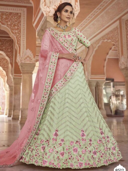 Pista Green Floral Heavy Bridal Lehenga Choli