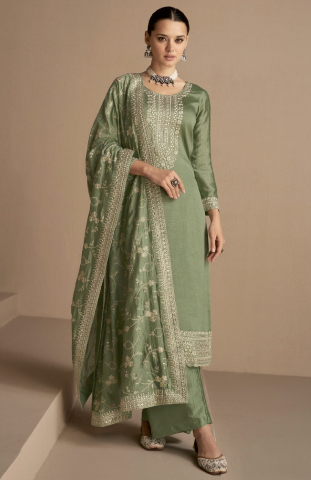 Trendy Traditional Party Wear Salwar Suit Green Viscose Silk Pant Straight main image 1