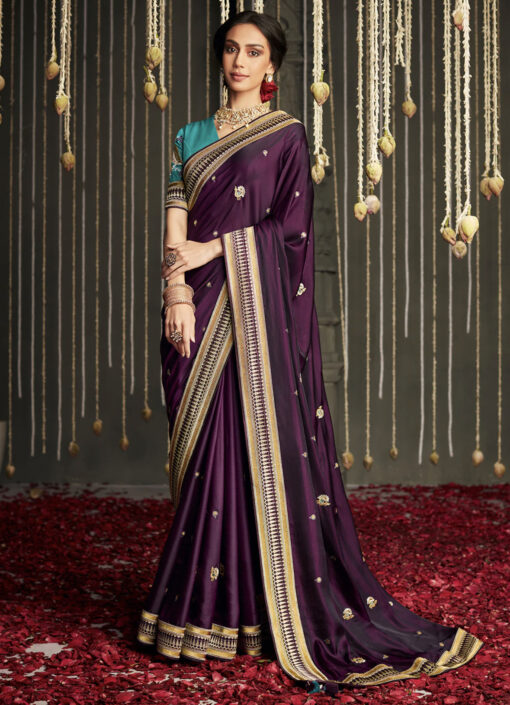 Purple Silk Embroidered Sangeet Saree