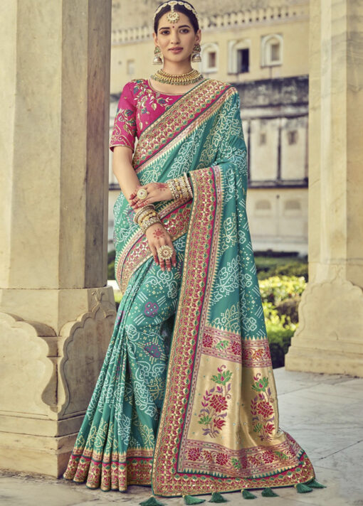 Turquoise Blue Heavy Patola Silk Embroidered Saree