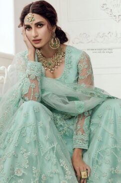 Alternative view of Mint Blue Embroidered Net Bridal Lehenga Choli