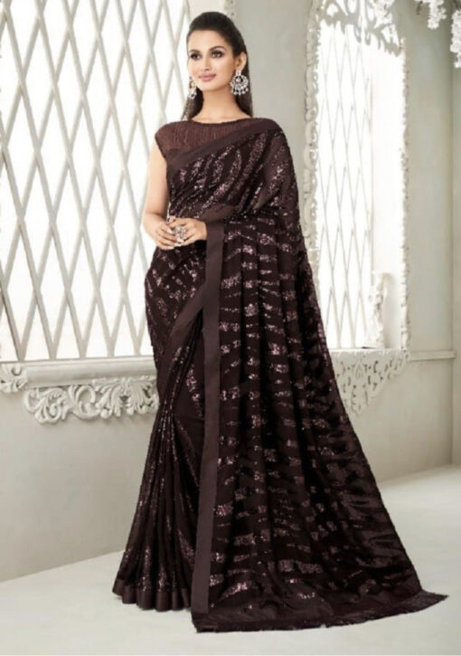 Brown Fancy Saree With Fringe Detail