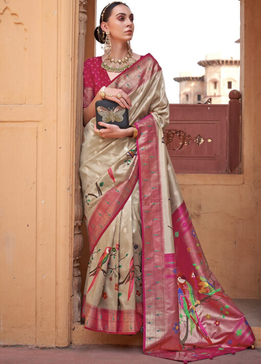 Beige Zari Woven Paithani Silk Saree
