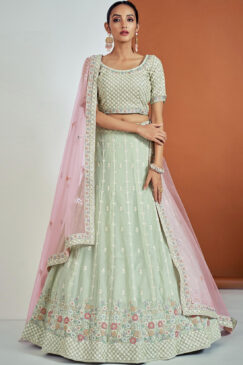 Pista Green Embroidered Party Wear Lehenga Choli