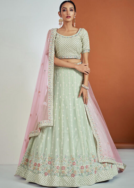 Pista Green Embroidered Party Wear Lehenga Choli