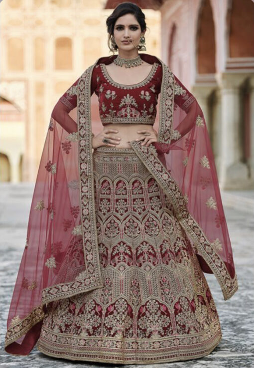Maroon Velvet Bridal Lehenga Choli