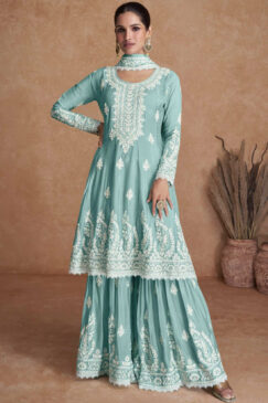 Blue Chiffon Embroidered Gharara Suit