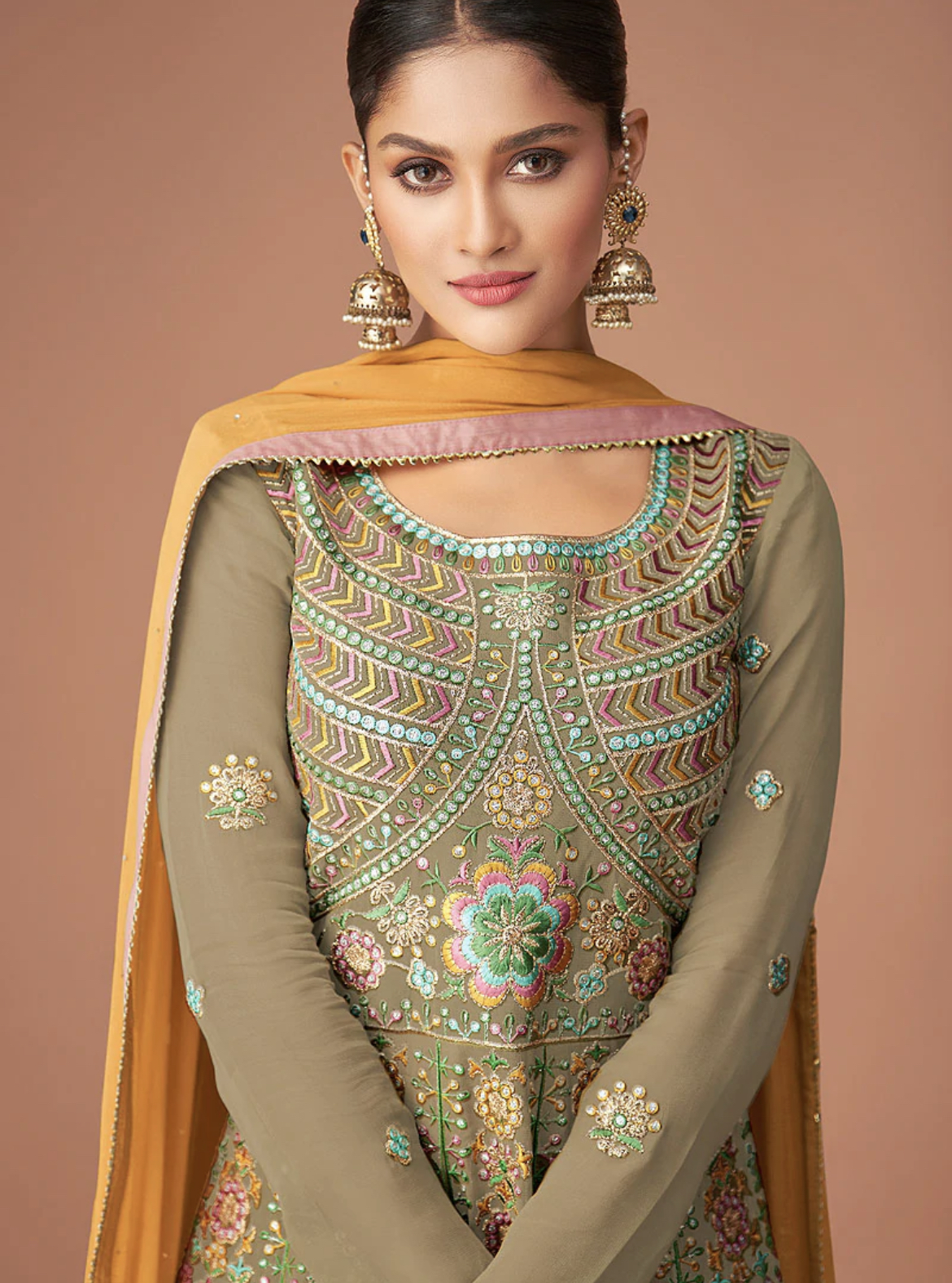 Khaki Green Peplum Style Gharara Suit - Salwar Kameez Designer Collection Khaki Green Peplum Style Gharara Suit - Salwar Kameez Designer Collection