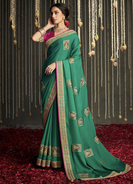 Green Silk Embroidered Sangeet Saree
