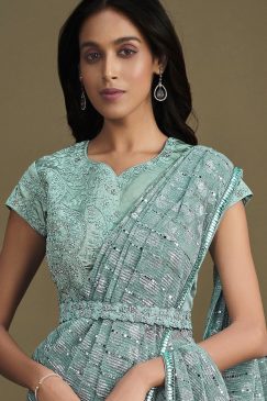 Alternative view of Blue Crepe Silk Pre Pleated Designer Saree