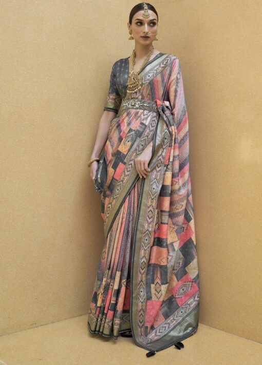 Multicoloured Brasso Silk Designer Saree