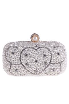 White Heart Pearl Beaded Bridal Clutch Bag