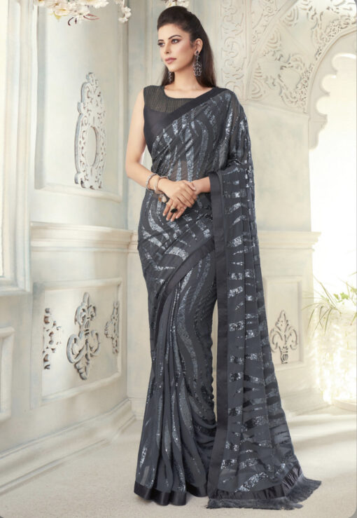 Grey Fancy Saree With Fringe Detail