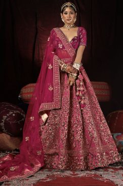 Pink Velvet Embroidered Bridal Lehenga Choli