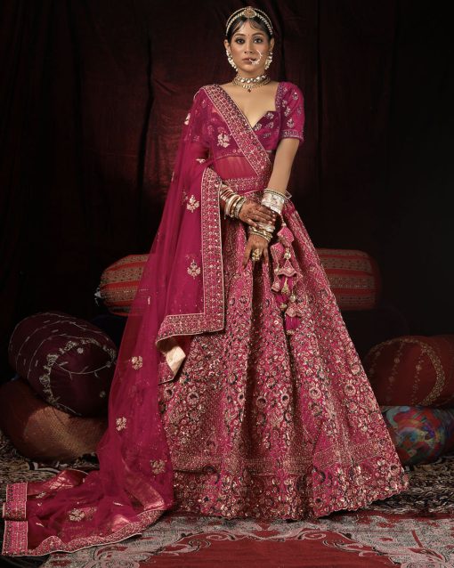Pink Velvet Embroidered Bridal Lehenga Choli