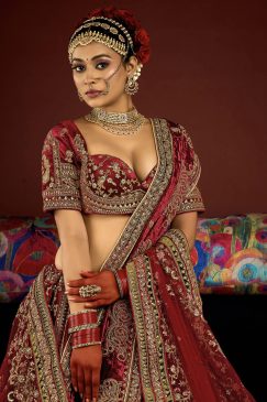 Alternative view of Royal Maroon Velvet Embroidered Bridal Lehenga Choli
