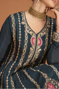 Alternative view of Teal Embroidered Gharara Style Suit
