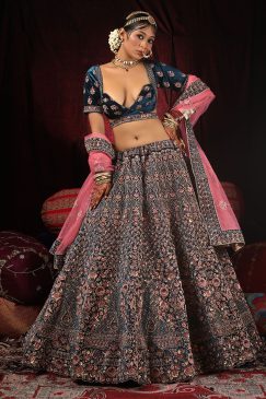 Blue Velvet Embroidered Bridal Lehenga Choli