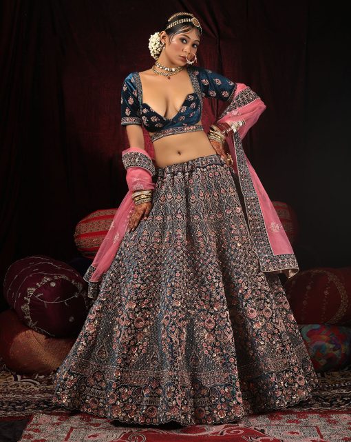 Blue Velvet Embroidered Bridal Lehenga Choli