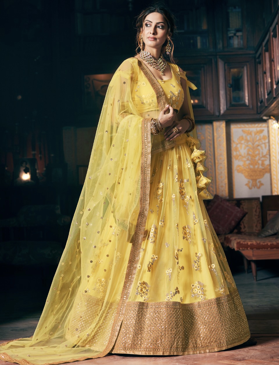 Lemon Yellow Sequinned Net Lehenga Choli - Lehengas Designer Collection