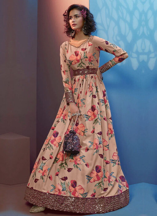 Peach Floral & Sequin Anarkali Gown