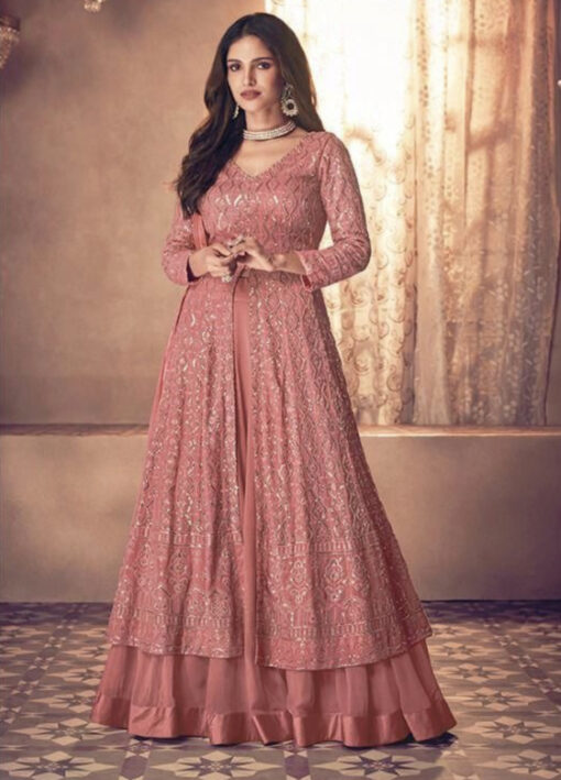Peach Georgette Embroidered Lehenga Kameez