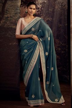 Blue Fancy Fabric Embroidered Wedding Saree