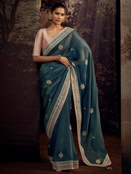 Blue Fancy Fabric Embroidered Wedding Saree