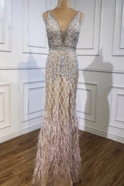 Heavily Beaded Feathered Plunge Neck Evening Dress