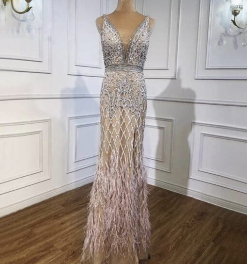 Heavily Beaded Feathered Plunge Neck Evening Dress