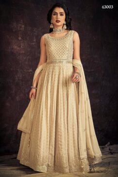 Cream Georgette Embroidered Anarkali Suit