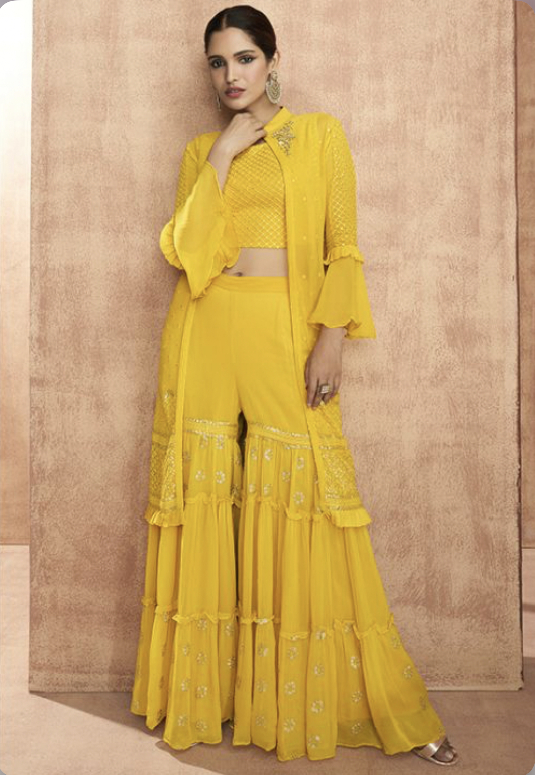 Yellow Palazzo With Crop Top & Jacket Salwar Kameez