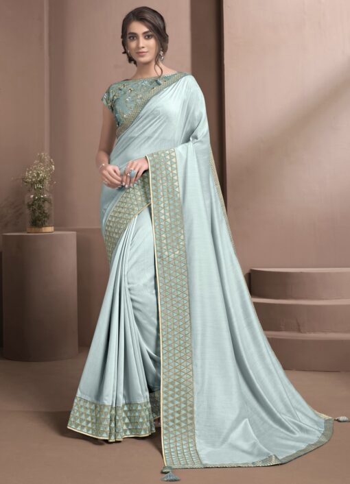 Sky Blue Satin Silk Party Wear Saree