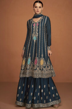 Teal Embroidered Gharara Style Suit